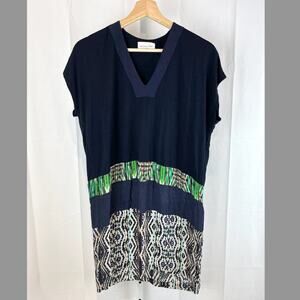Megan Park 00 Shift Dress V-Neck Cap Sleeve Boho Printed Navy Blue